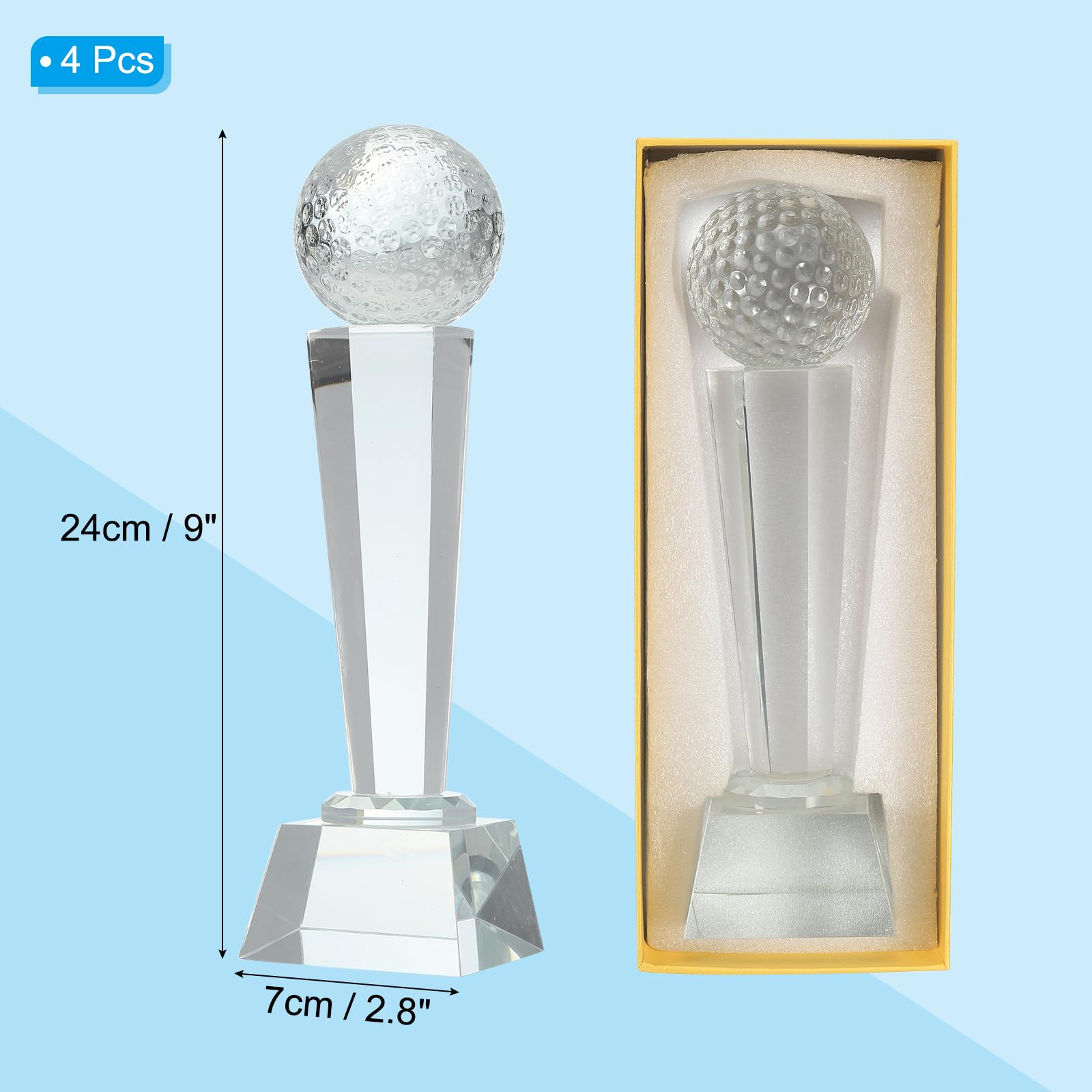 QUARKZMAN Kristallglas Trophäe Mit Box 9 x 2.8 Zoll 4 Stück Golf Ball Champions Auszeichnung Für Desktop Tischdekoration Turniere Sportwettbewerbe Briefbeschwerer Klar