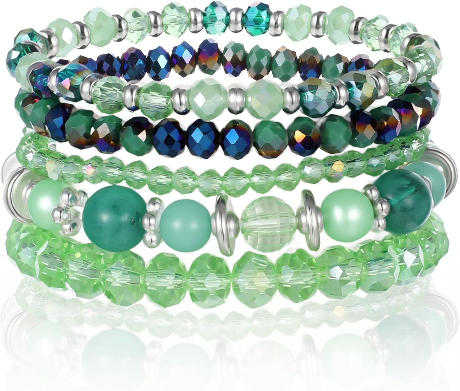 5Pcs Bohemian Beaded Bracelets for Women, Stackable Boho Disco Ball Crystal Beads Bracelet, Multilayered Faceted Glass Beads Stretch Bracelets, Jewelry Gift for Women (Purple)