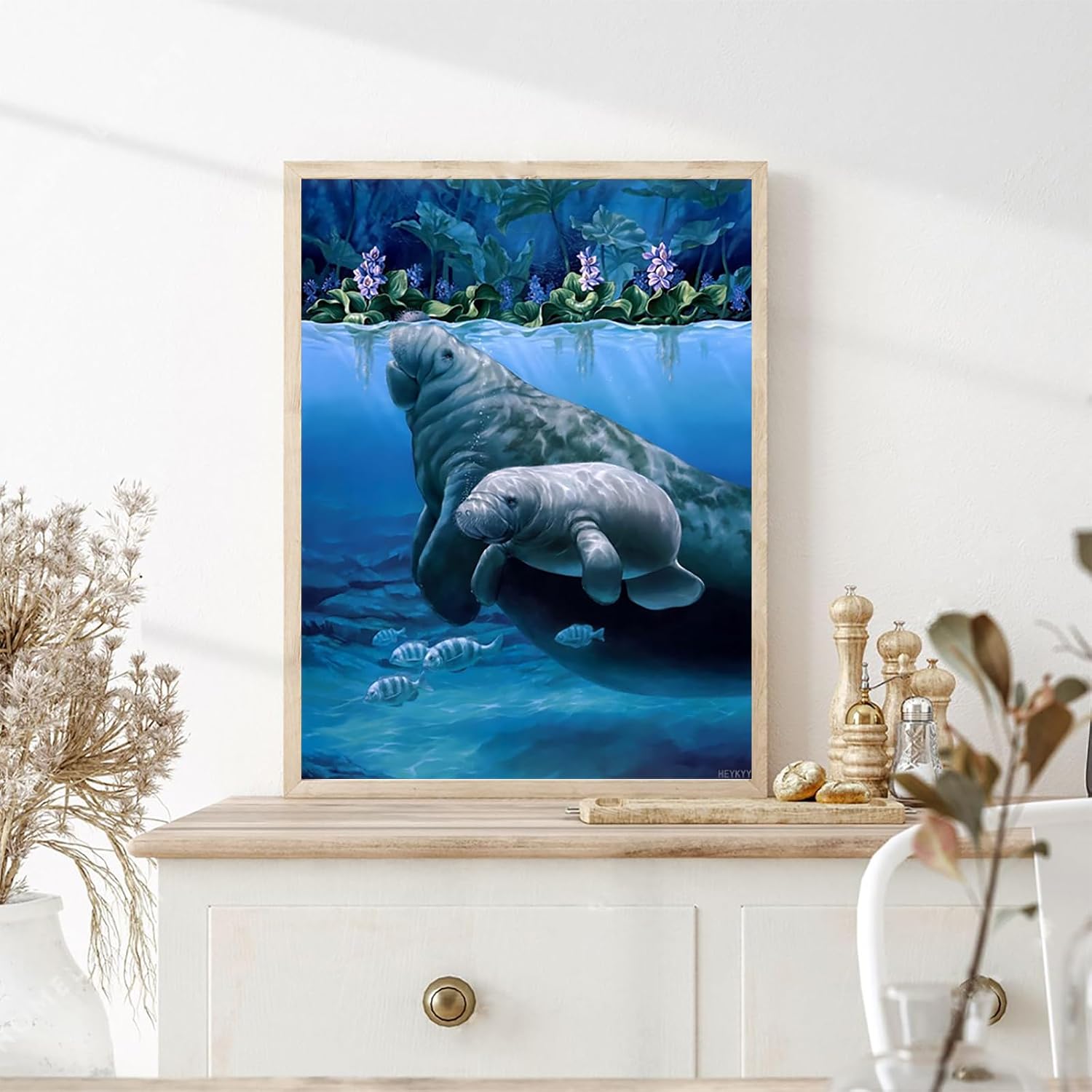 HEYKYY DIY 5D Full Drill Diamond Painting Kits for Adults, Crystal Rhinestone Diamond Embroidery Paintings Arts Craft Home Wall Decor Manatee Haven, 12x16Inch
