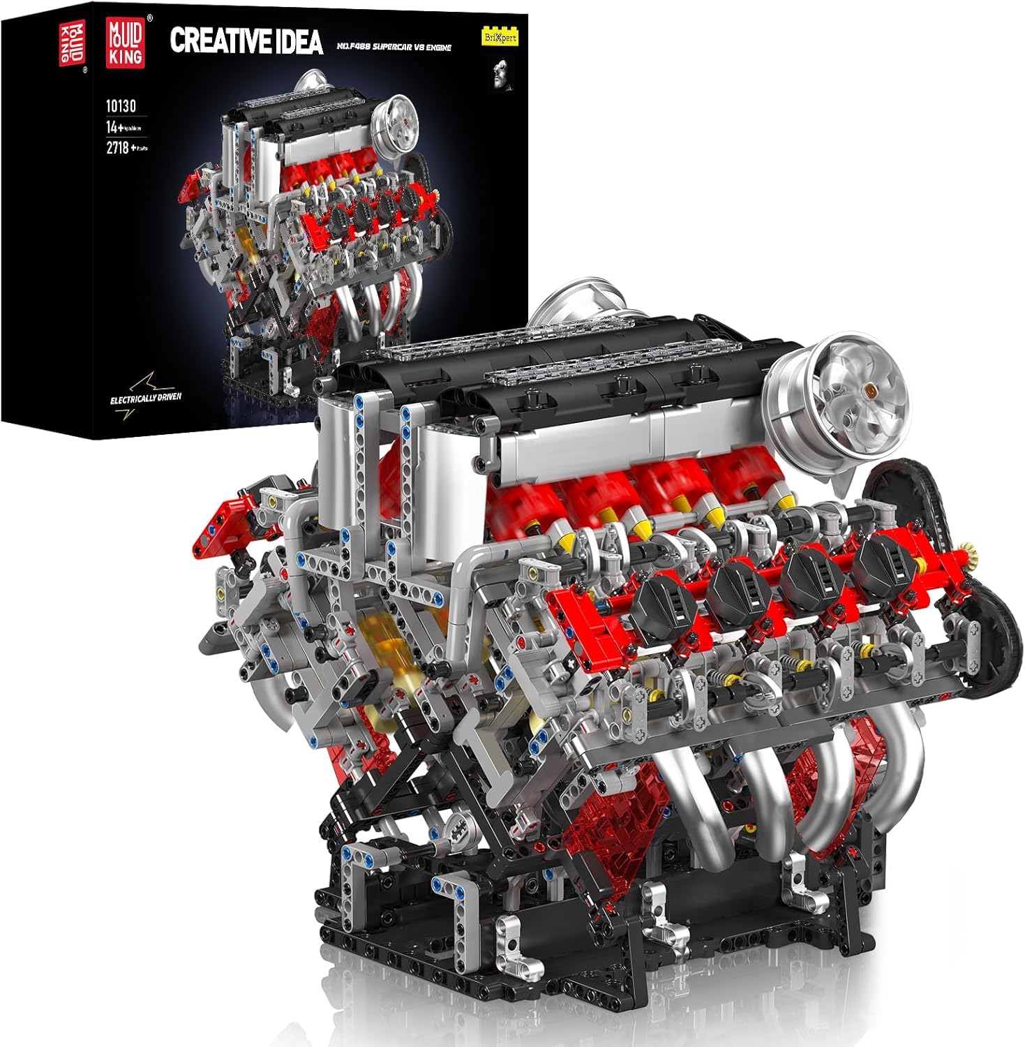 Mould King 10130 F488 Super Car V8 Biturbo da Costruire, Kit Tecnico Motorizzato con 2718 Pezzi, Motore Elettrico XL, 8 Pistoni e Doppio Turbocompressore
