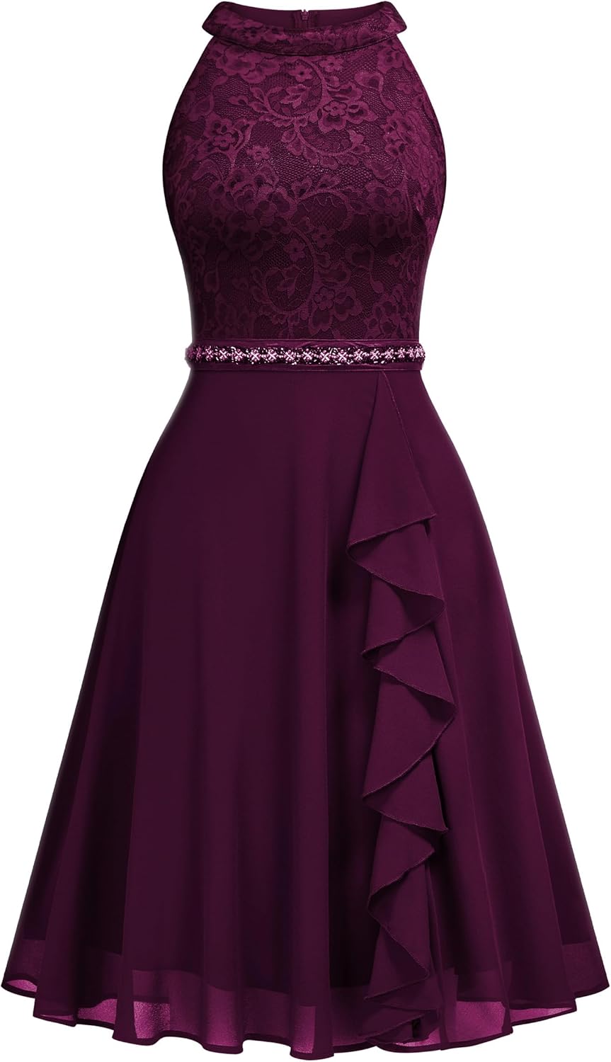 Miusol Women's Halter Neck Lace Ruffle Vintage Cocktail Party A-Line Bridesmaid Dress - Image 5