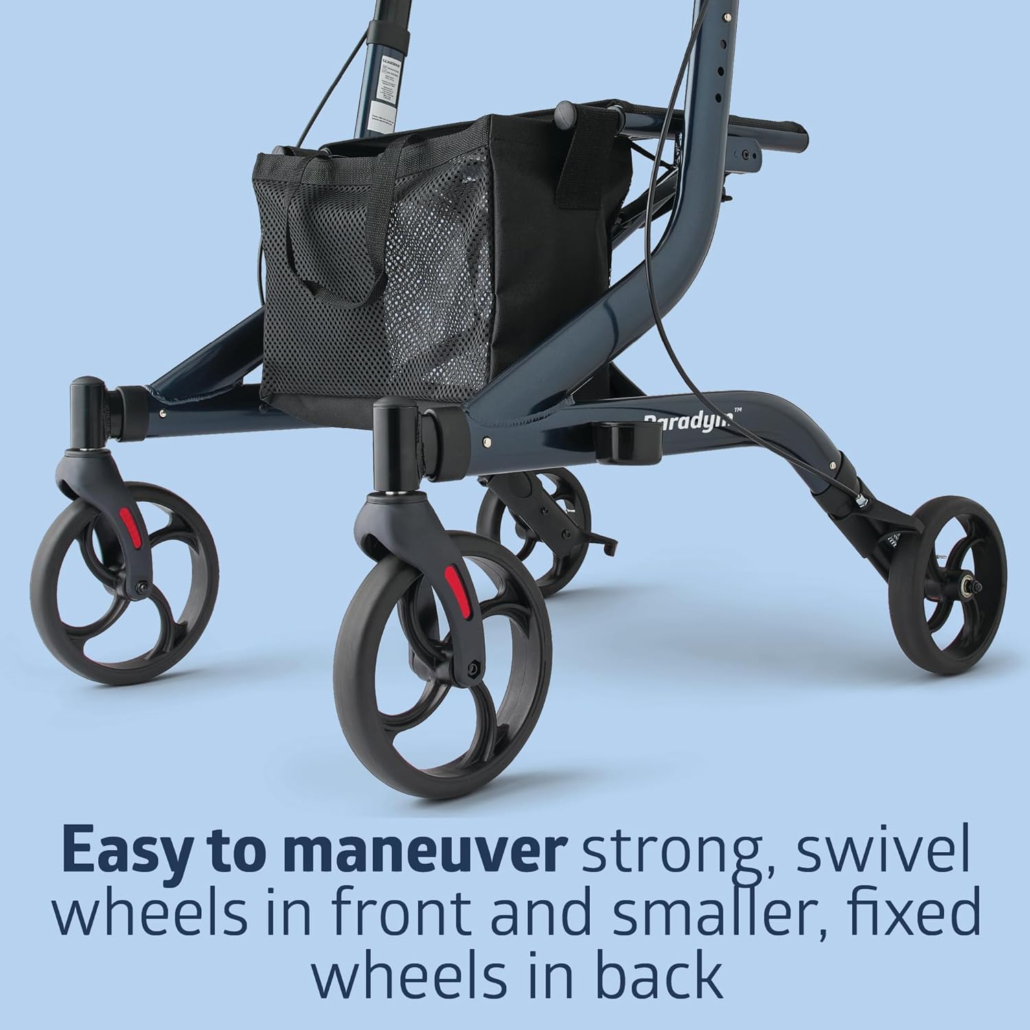 Close-up of the rollator's strong swivel front wheels and smaller fixed rear wheels, designed for easy maneuverability.