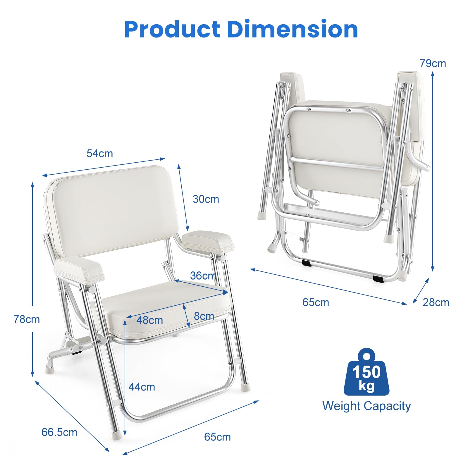 HOMASIS Sedia da Barca Pieghevole per Imbarcazioni, Sedile Timone Portatile con Schienale Ergonomico, Struttura in Alluminio, per Yacht e Campeggio, Carico 150 kg, 66,5 x 65 x 78 cm, Bianco
