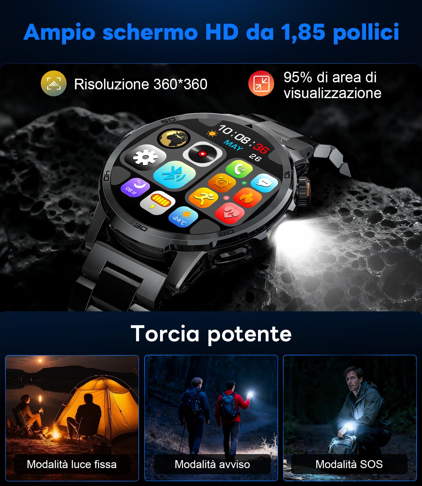 Smartwatch Uomo Militare, 1000 mAh, Touchscreen HD 1,85", Luce LED, Funzione Telefono, Monitoraggio Cardiaco/Sonno, IP68, 110+ Modalità Sportive, Compatibile iOS/Android