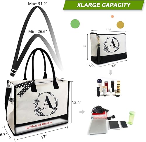 Miniatura 2 de BeeGreen Bolso de mano con inicial, bordado personalizado, regalos de cumpleaños, bolsa de lona con bolsillos con cremallera para mujer