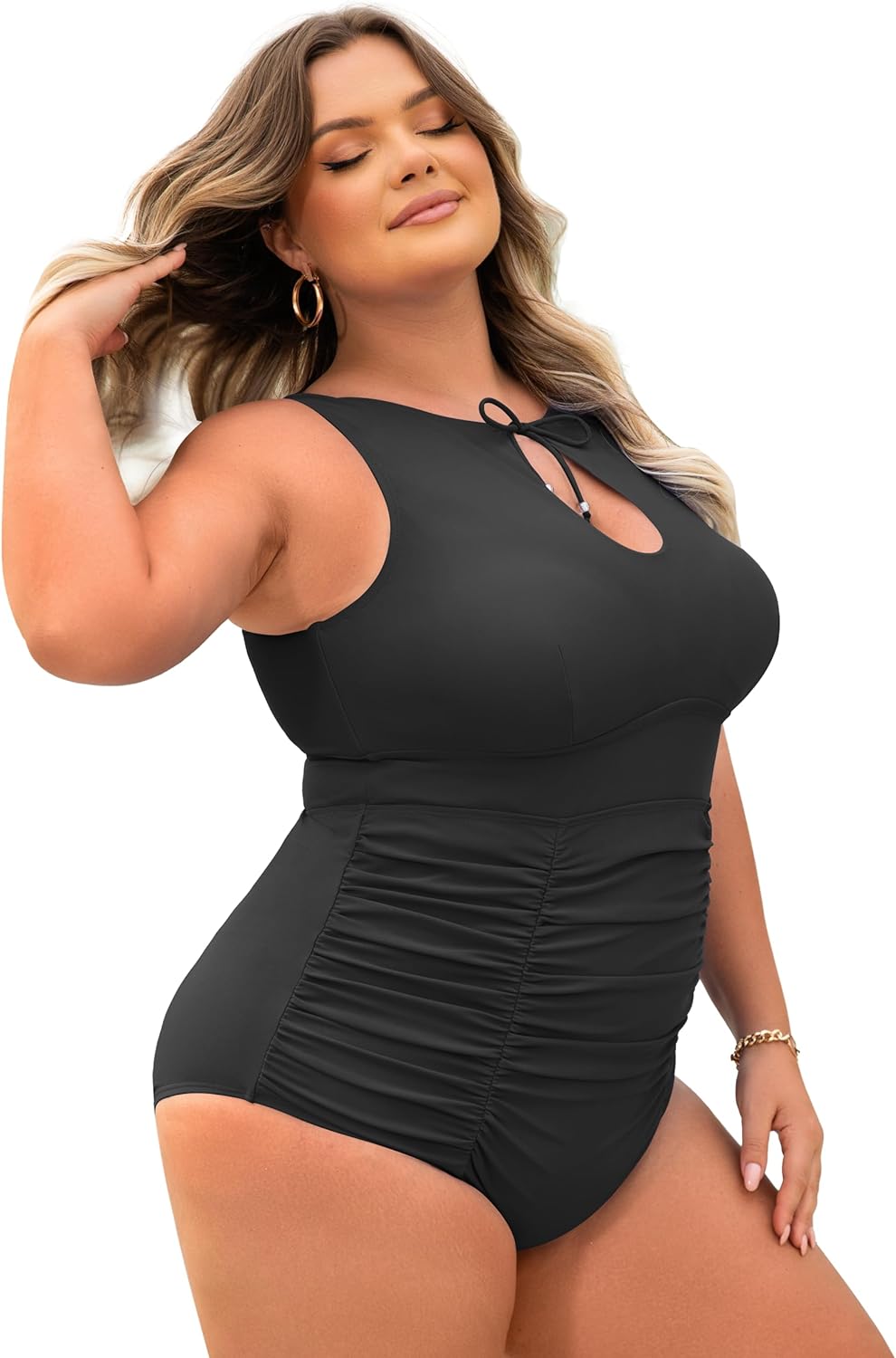 Cut Out One Piece Swimsuit Women Plus Size High Neck Bow Tie Bathing Suit Tummy Control Modest Keyhole Swimsuits XL - Image 5