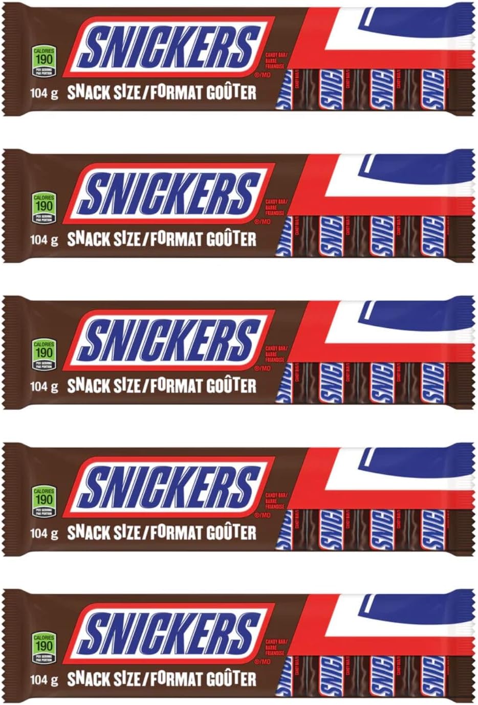 Snickers Peanut Milk Chocolate Candy Bars, 8 Fun Size Bars, 104g/3.7 oz (Pack of 5) Shipped from Canada