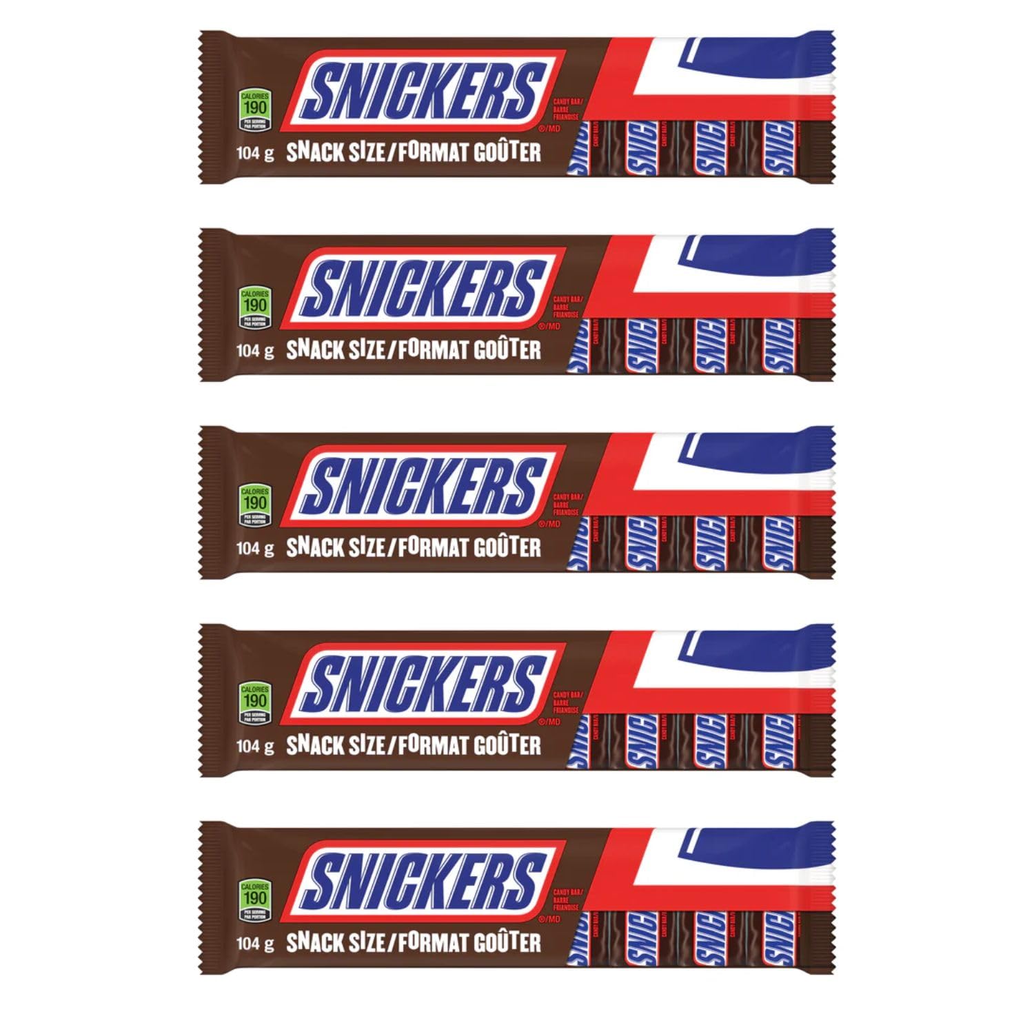 Snickers Peanut Milk Chocolate Candy Bars, 8 Fun Size Bars, 104g/3.7 oz (Pack of 5) Shipped from Canada