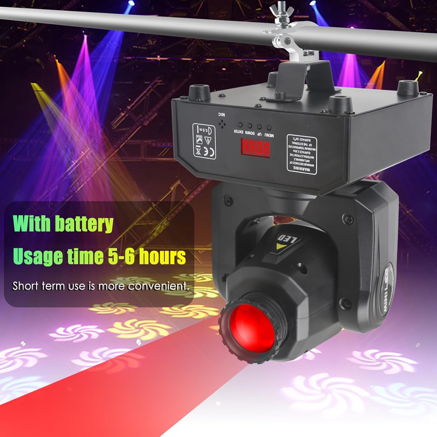 Rechargeable 30W Moving Head Light with Battery, DMX512 with Remote Control 9/11 Channel, 8 GOBO 8 Colors, Sound Activated, for DJ Party Bar Club