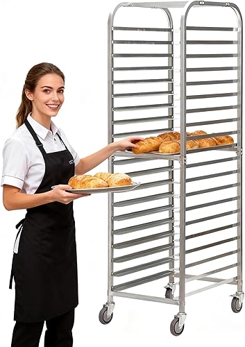 SANDINRAYLI Estante para panadería, estante para panadería de 20 niveles con ruedas, estante de acero inoxidable para media y hoja completa, estante