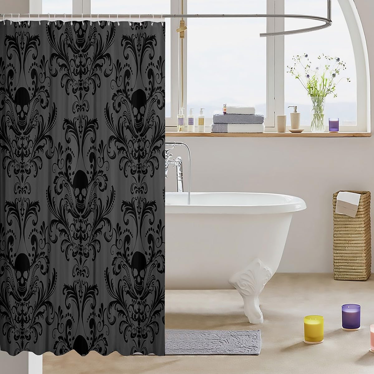 Black Damask Fabric Shower Curtain Antique Victorian Baroque Gothic Shower Curtain Sets Vintage Floral Exotic Sugar Skull Bathroom Accessories 72" Wx84 L,Skeleton Bohemian Decor,Charcoal Grey