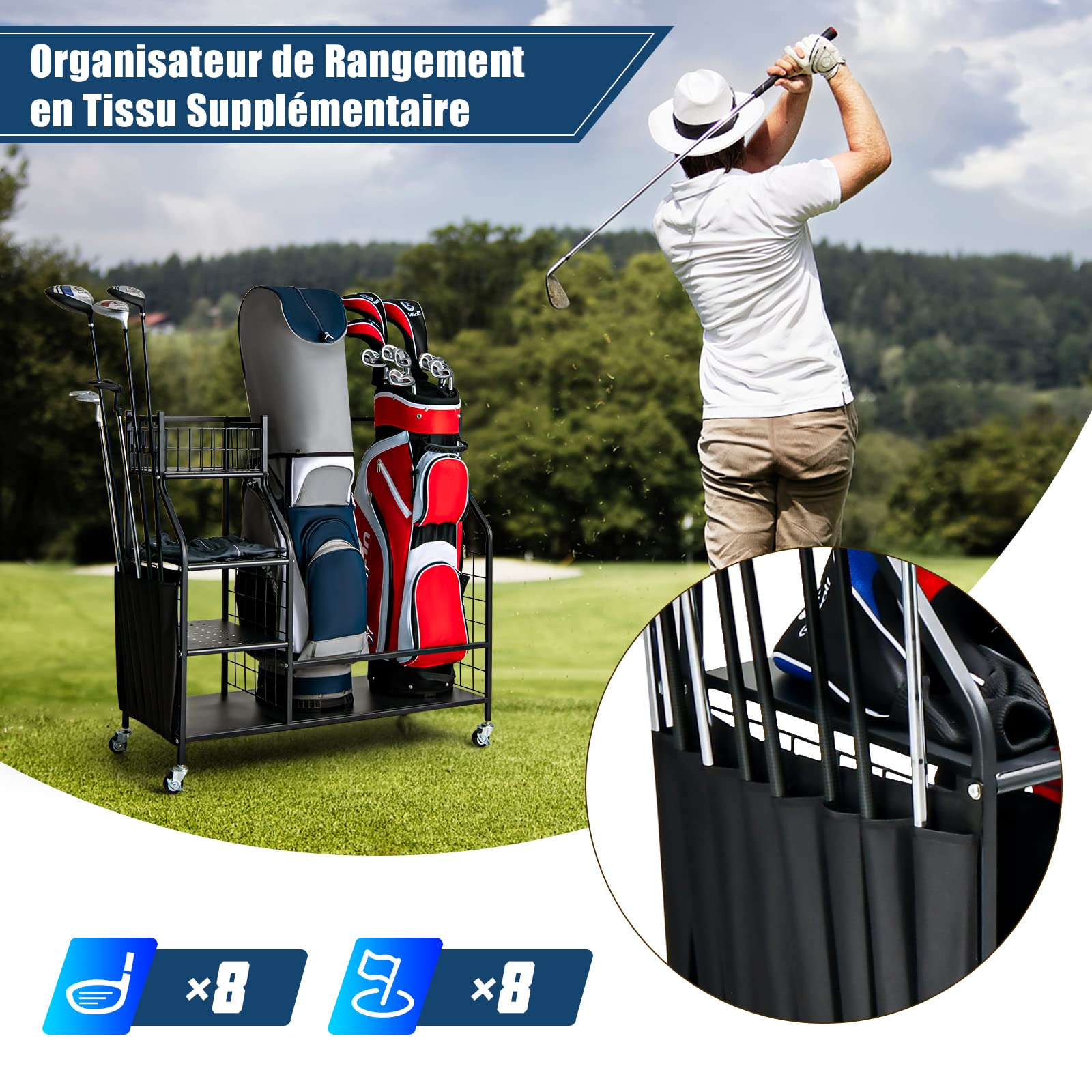 COSTWAY Support de Rangement pour Sac de Golf avec Roues Universelles Verrouillables, Organisateur de Stockage en Métal pour Accessoires Golf avec Étagère et 4 Crochets