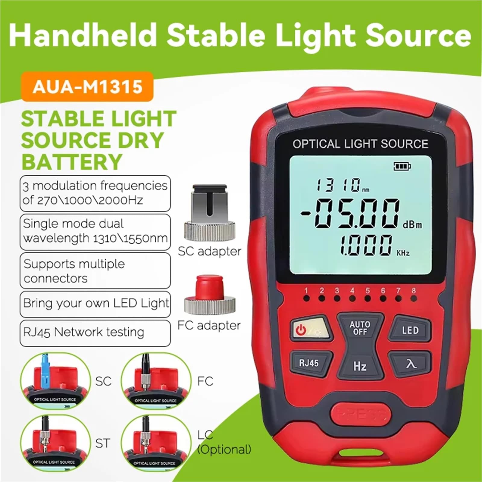 Testeur de Puissance de Fibre Optique AUA-M1315, testeur de câbles à Fibre Optique FTTH et Source Lumineuse à Fibre Optique monomode(Rechargeable MC1315)