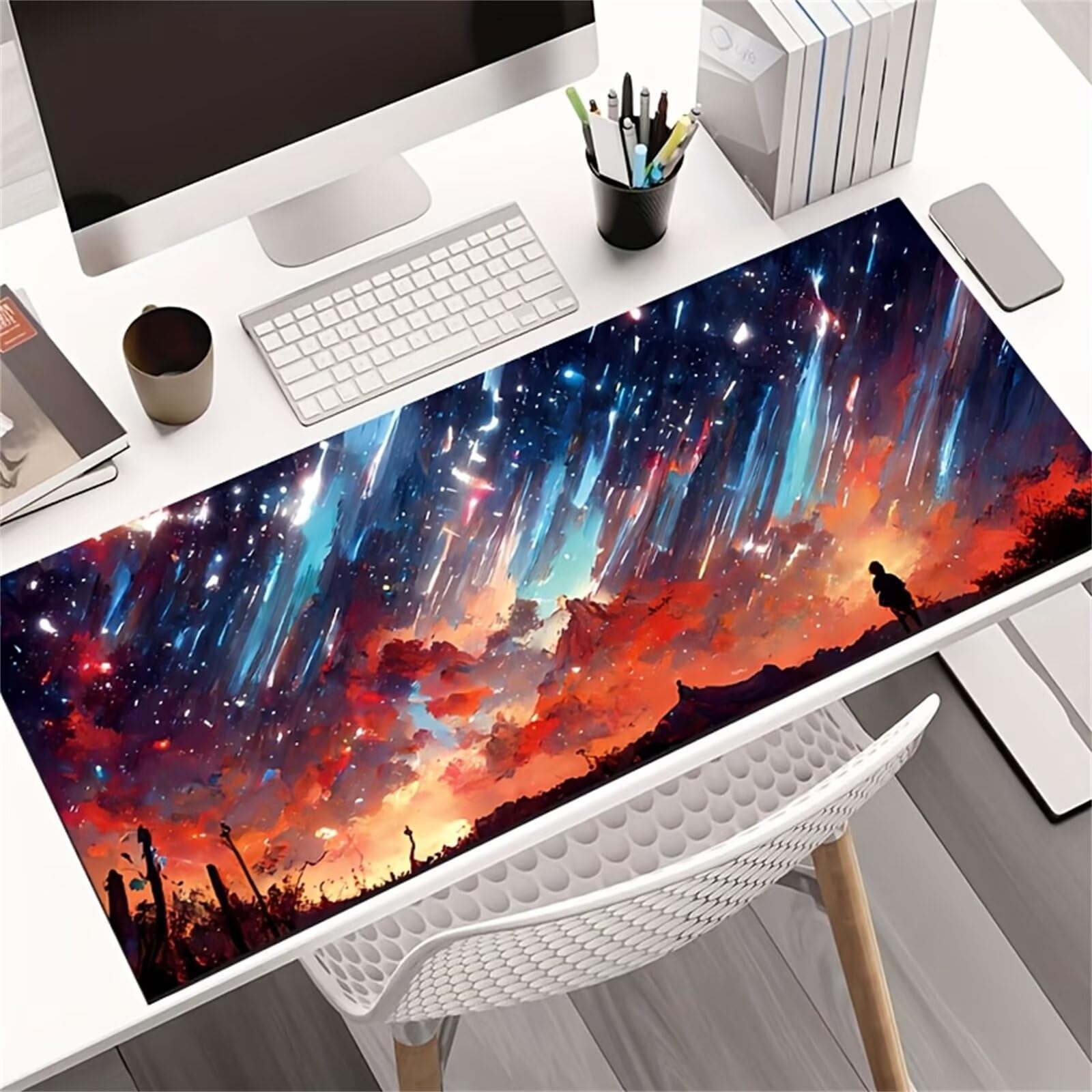 Tappetino per Mouse da Gioco XXL 1200x600x3 mm, Desk Pad Grande con Bordi Cuciti, Base in Gomma Antiscivolo, Accessorio per Ufficio e PC (Anime Cielo Stellato)