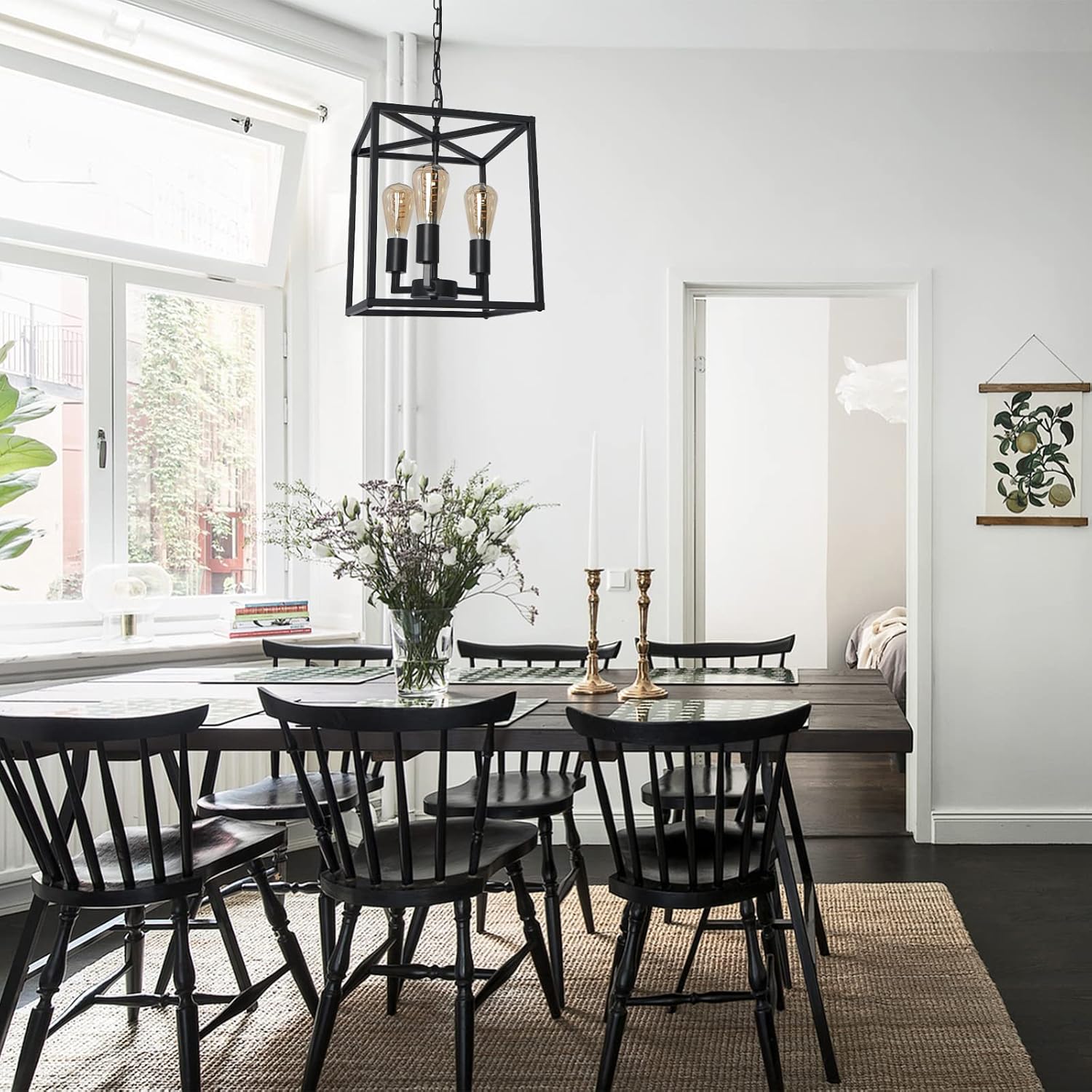 Farmhouse Industrial Plug in Pendant Light with 16.9ft Cord, Black Small Square Chandelier Hanging for Kitchen Island, Entryway, Dinning Room (3-Light)