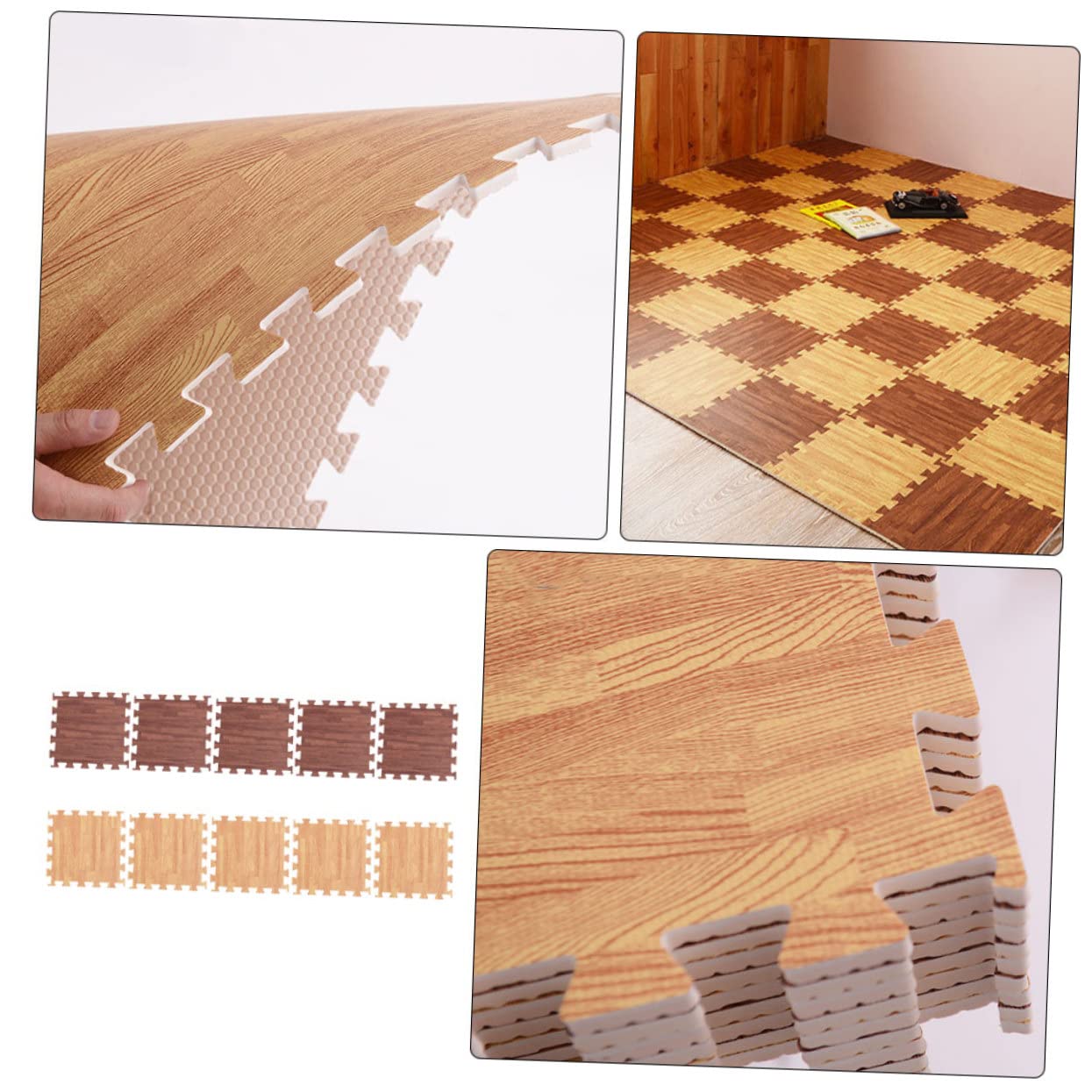 POPETPOP 10pcs Interlocking Foam Floor Mats Wood Grain Puzzle Tiles Soft Gym Exercise Mat Bedroom Floor Tiles Random Style