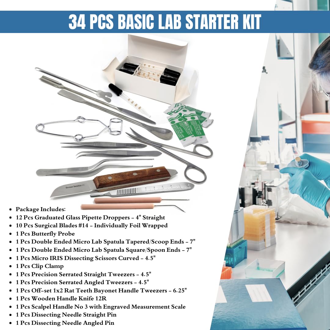 34Pcs Multipurpose Scientific Lab Basic Starter Kit with Stainless Steel Sampling Spoon Scoop Spatulas, Forceps, Scissors, Glass Droppers, Test Tube Clamp, Dissecting Probes, Scalpel Handle & Blades