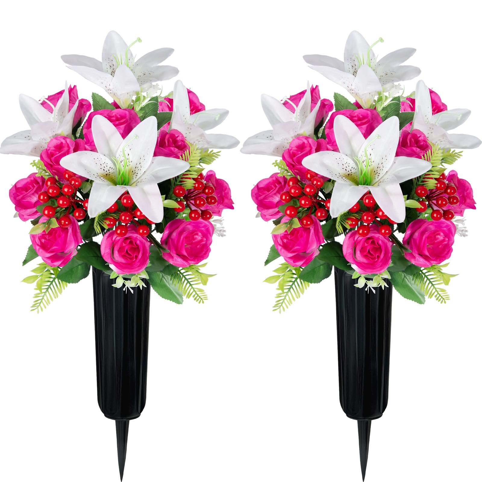Velibobo Artificial Cemetery Flowers with Vase, Set of 2 Rose Lily Bouquet Graveside Decoration, Artificial Memorial Flowers for Easter Mother's Day Arrangements