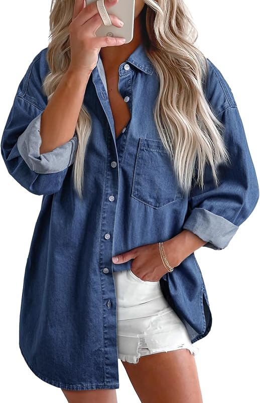 Astylish Women Denim Shirts Button Down Blouse Tops | V Neck, Casual