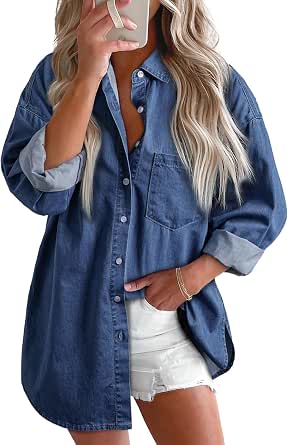 Women Denim Shirt Button Down Blouse Top