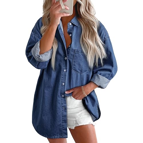 Astylish Women 2024 Denim Shirts Button Down Blouse Long Sleeve V Neck Casual Top