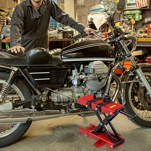 Miniatura 9 de TUFFIOM Gato elevador de tijera para motocicleta con pasador de seguridad y sillines de soporte, soporte de manivela central de acero ajustable en