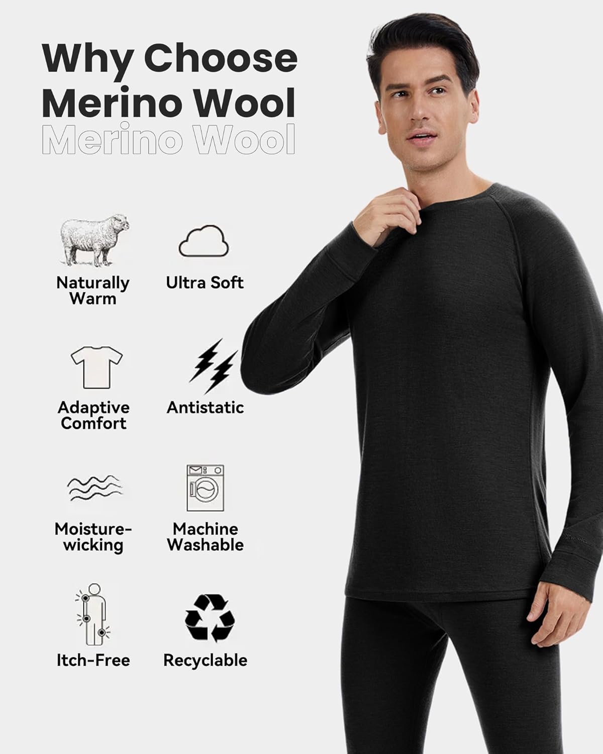 Men's 100% Merino Wool Base Layer Tops Lightweight Long Sleeve Active Base Layer - Image 2