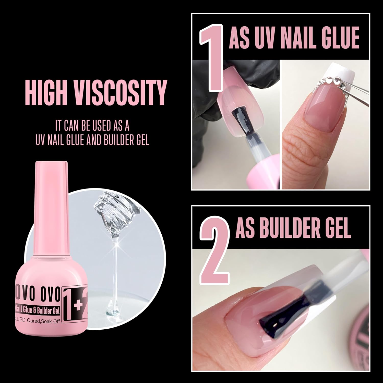 NOVO OVO French Tip Solution Kit, Including One Muti-function UV Nail Glue (also can work as Builder Gel) 10 ml, One Premium Top Coat 10ml for Pre-designed False Nail Tips Easy to Use 30 days lasting