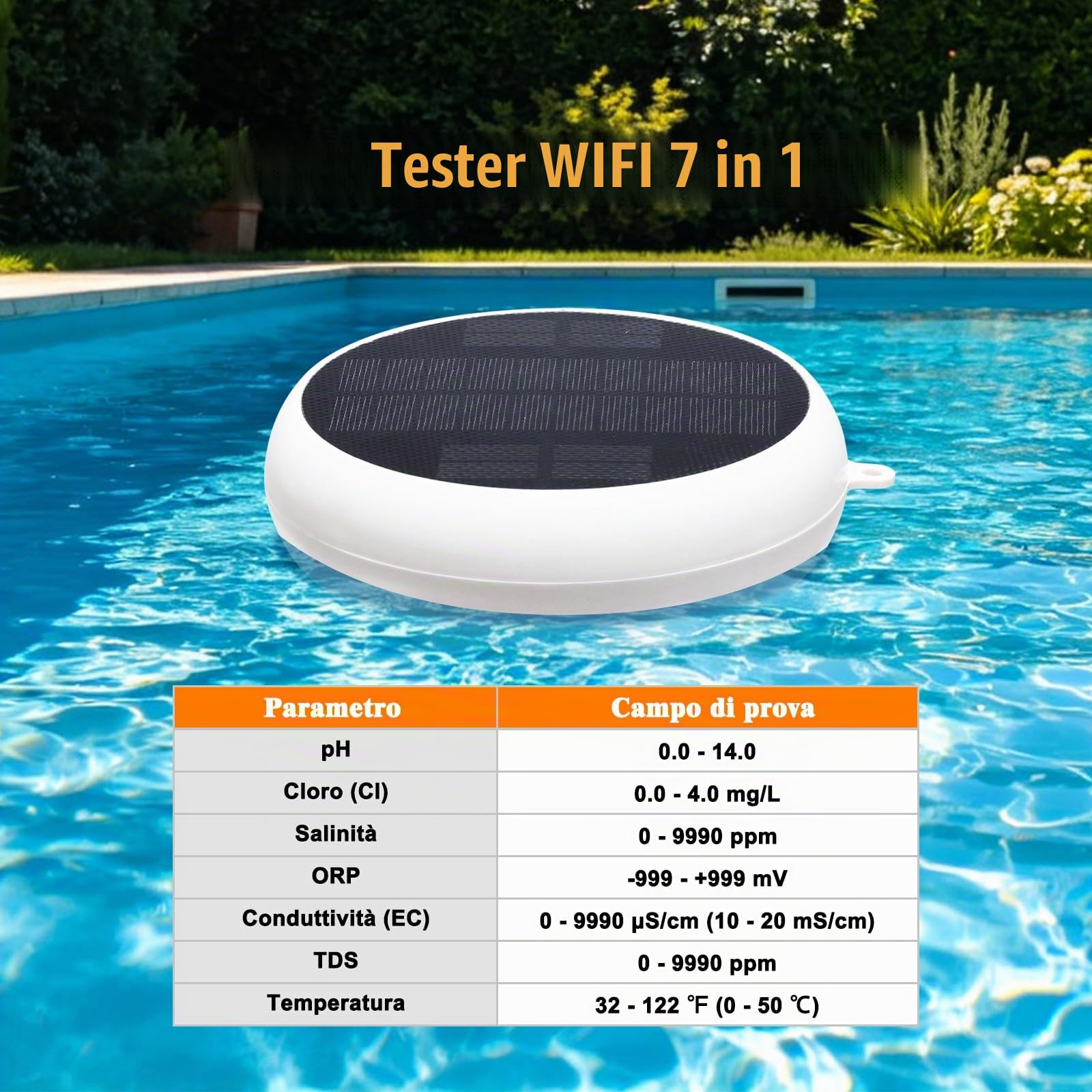 Monitor wifi per pH sale cloro della piscina, Intelligente tester 7 in 1 | Alimentazione solare; galleggiante, completamente impermeabile, app Tuya, istruzioni in inglese, video tutorial in francese