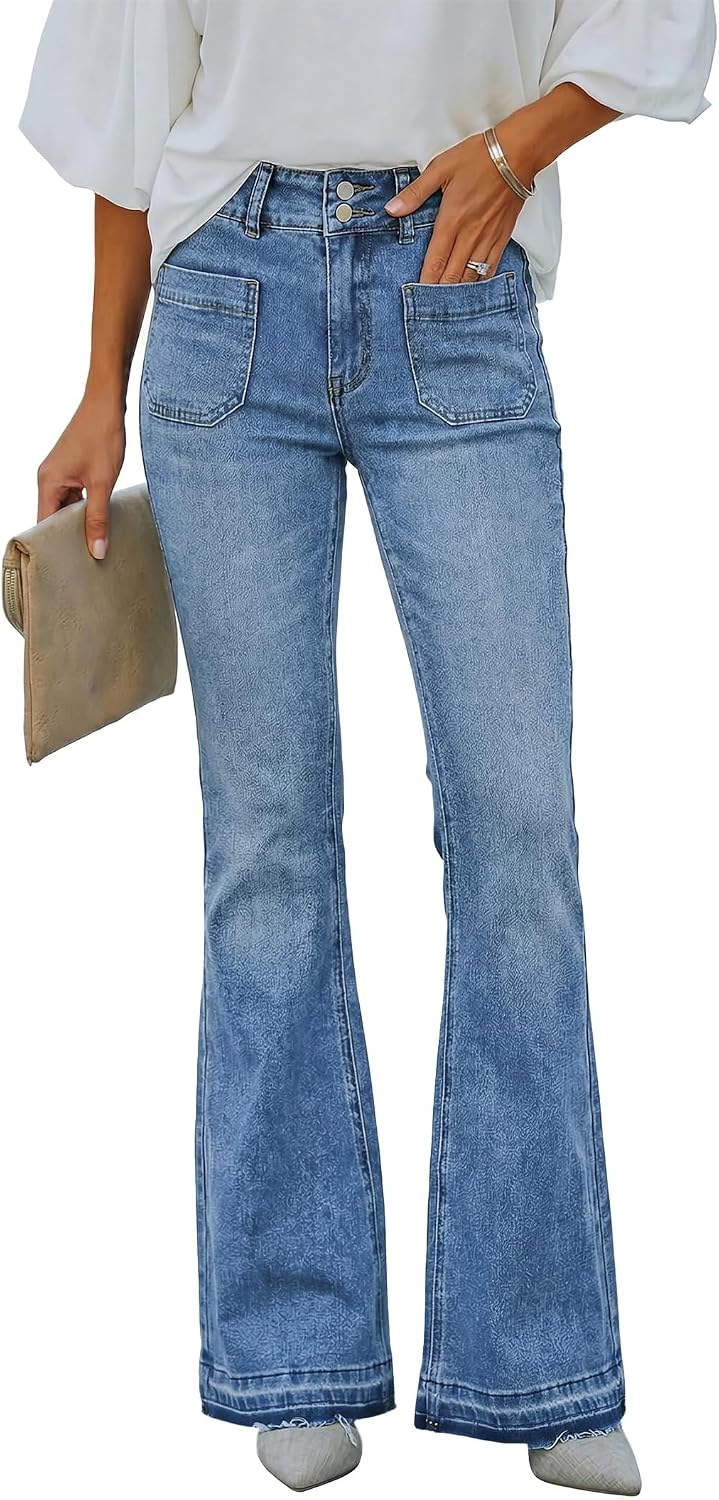 EMMIOL Flare Jeans for Women Mid High Waisted Stretchy Bell Bottom Jeans Frayed Hems Bootcut 2026 Denim Pants Patch Pockets