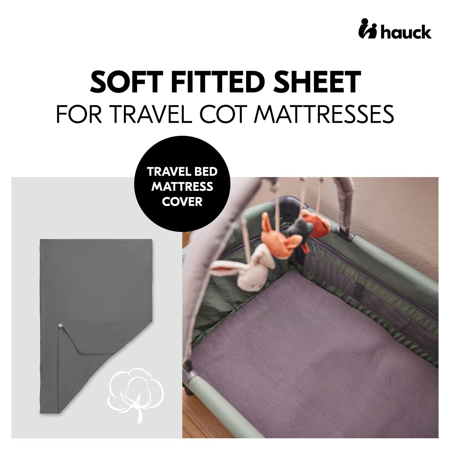 Hauck Travel Cot Fitted Sheet 120 x 60 cm Muslin Cotton Baby, Dark Grey 4