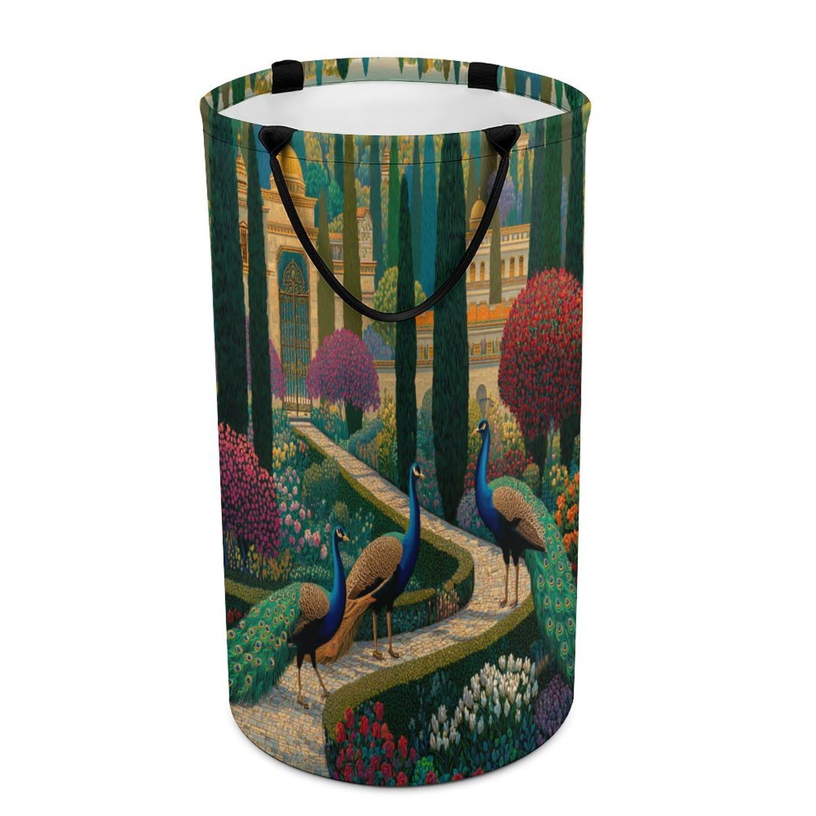 LUYYSKY Fantasy Realistic Elegant Peacock Versatile Storage Laundry Basket, Modern Romantic Spring Garden Animal Peacock Plant Flowers Large Bathroom Laundry Hamper With Handle-40 CM Dia, 69 CM High