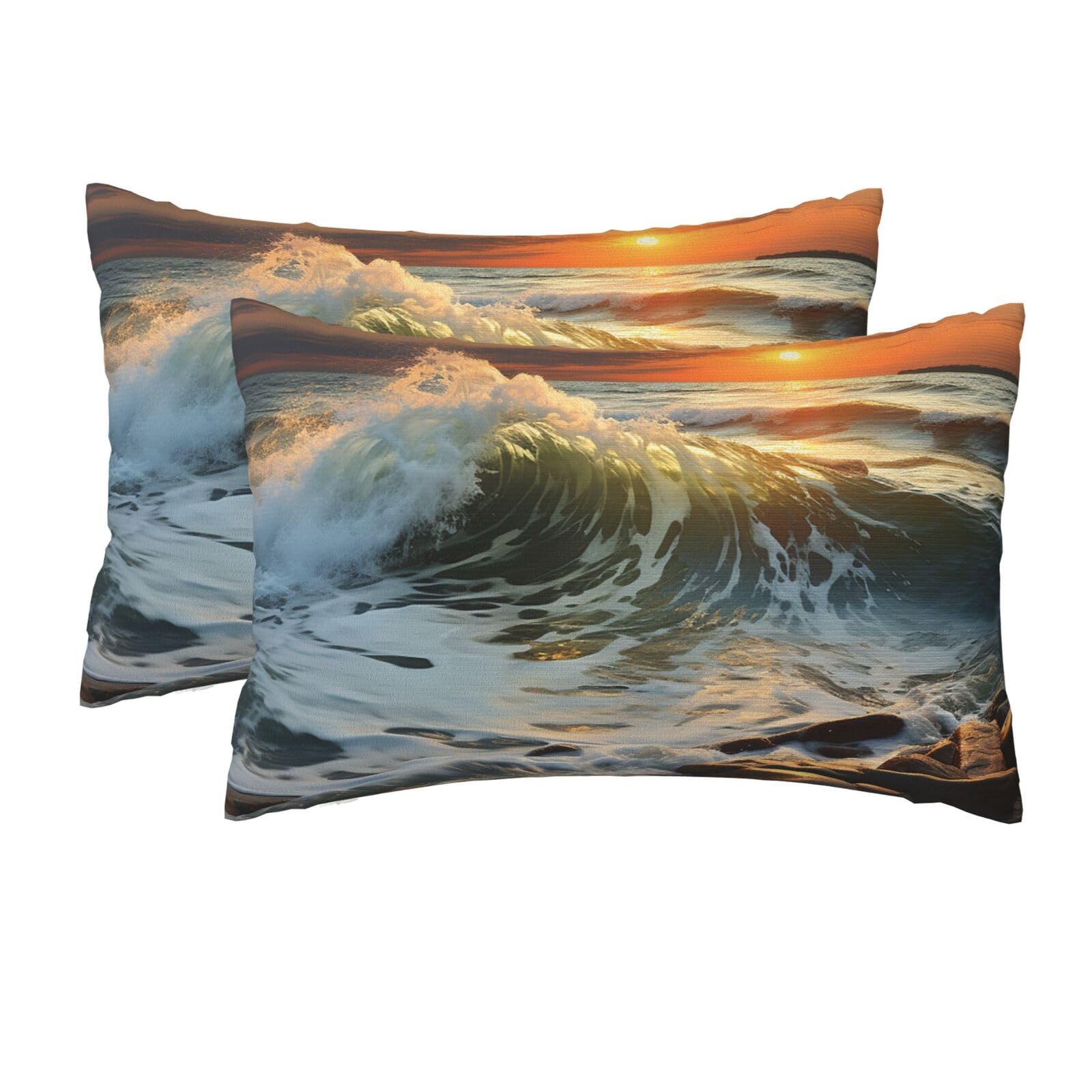 2 Pack Queen Pillow Cases with Hidden Zipper, Soft Breathable Pillow Covers for Hair and Skin, Rocky Wave Sunset Painting Pillowcases 20"x30" Bed Pillow Protectors Cover for Sleeping Gifts