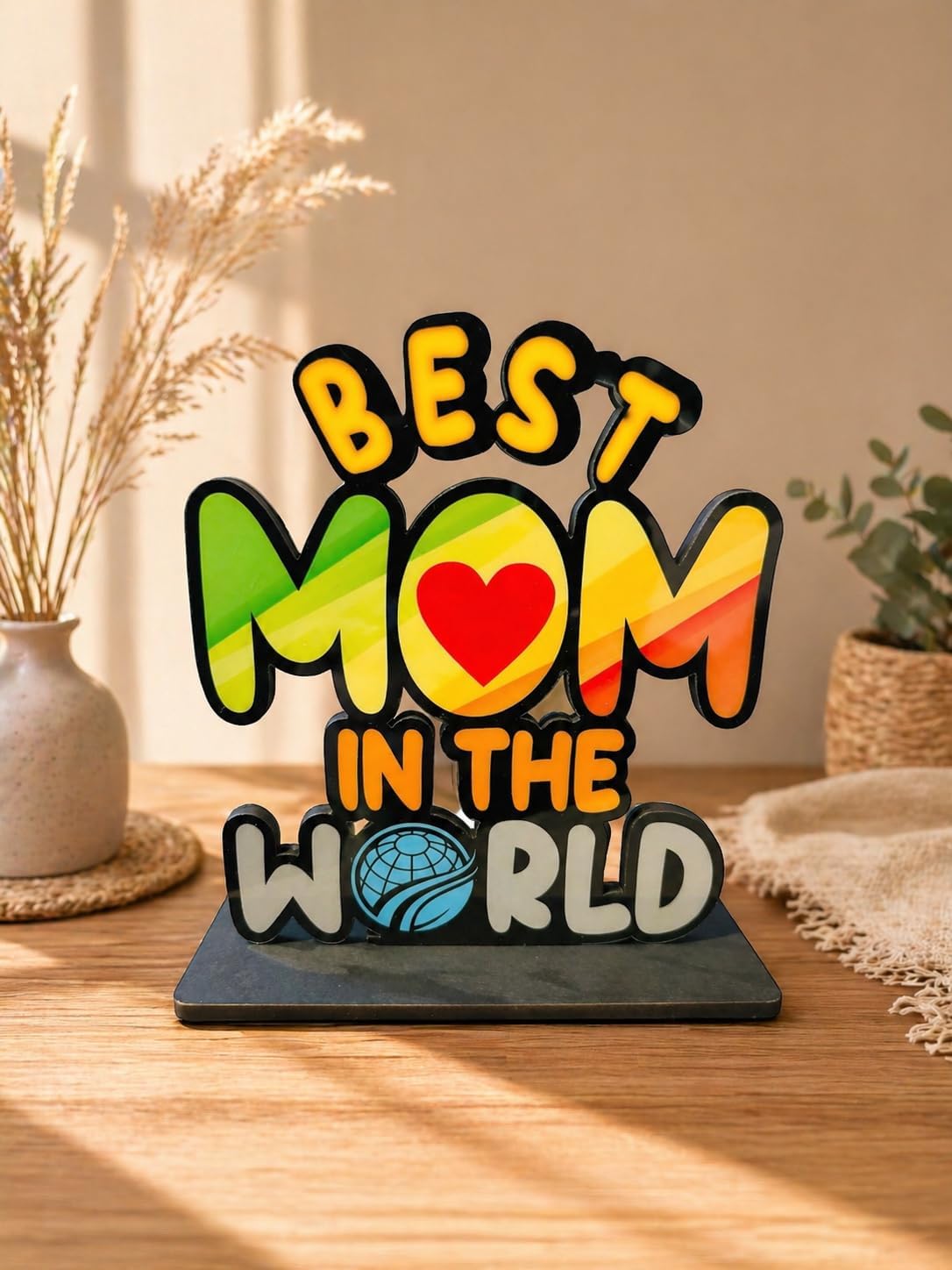 Best Mom in The World Wooden Trophy Gift for Mother or Maa Best Gift for Mom (Multicolor 6 x 5.5 Inches)