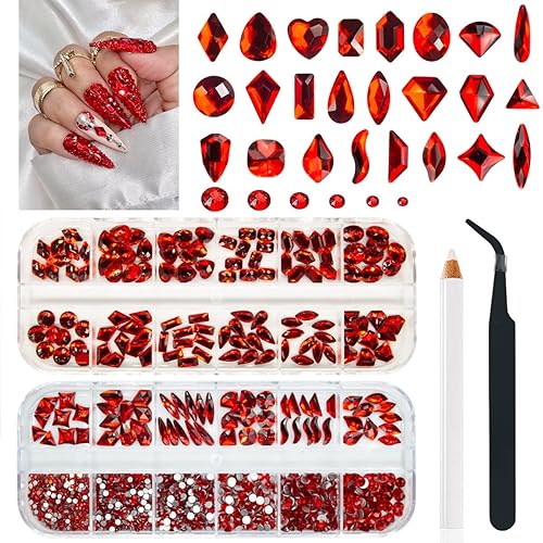 24 estilos de diamantes de imitación de rubí rojo para uñas, múltiples formas, vidrio K9 de respaldo plano, gemas rojas de Siam grandes, cuentas