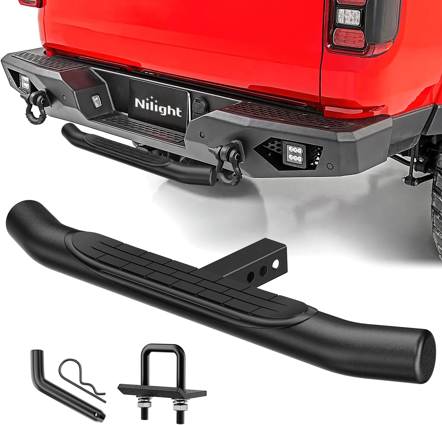 Nilight 36" Hitch Step Fits 2" Receivers 3" Round Tubing Stainless Steel with Rubber Non-Slip Pad Rear Bumper Guard with 5/8" Hitch Pin Clip & U-Bolts Stabilize for Pickup Truck Car SUV