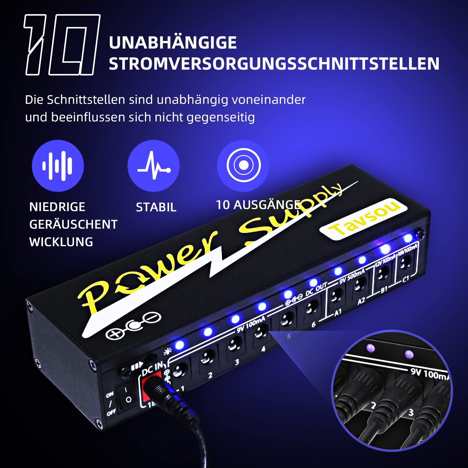Netzteil für Gitarren-Effektpedale 10 isolierter DC-Ausgang 9V/12V/18V mit separatem Kurzschlussschutz EU Adapter