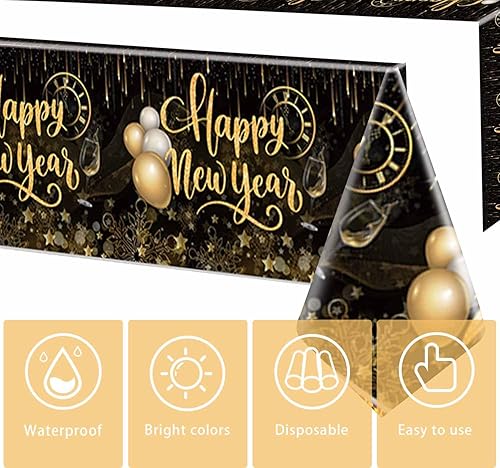 Miniatura 7 de Juego de vajilla para fiesta de Año Nuevo 2024 de oro negro para 10 invitados, incluyendo mantel, servilleta, cuchillo, tenedor, cuchara, plato de