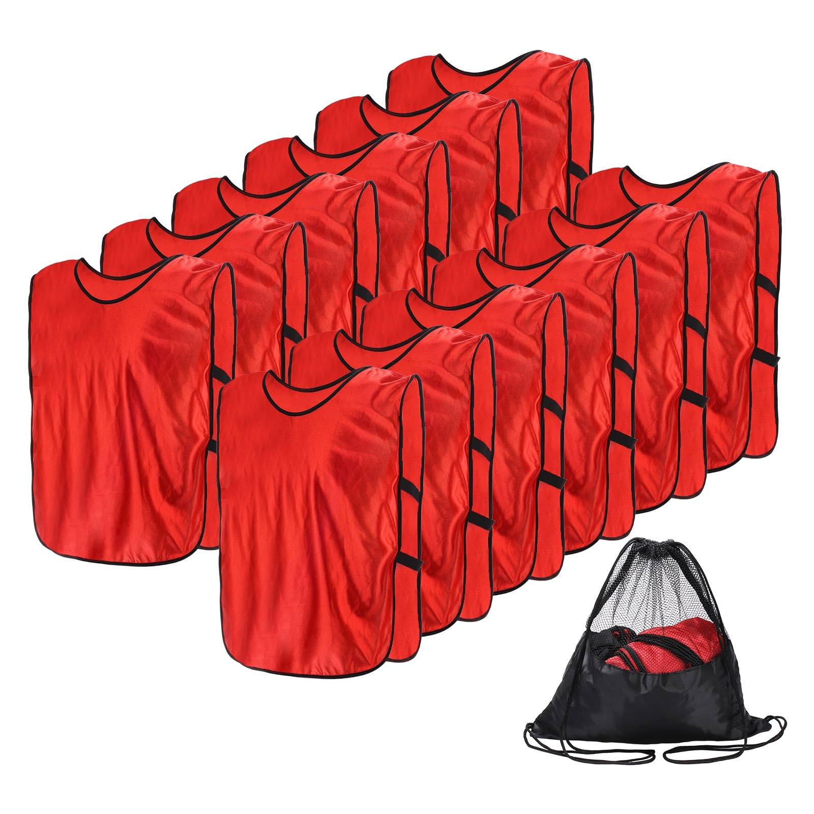 YELARXI Soccer Pennies, Team Sport Practice Jersey, Soccer Pinnies Scrimmage Vest with Elastic Bands Drawstring Bag 24.8"x16.9" & 12 Pcs & Red -Fitting for (Adult/Basketball/Sport)