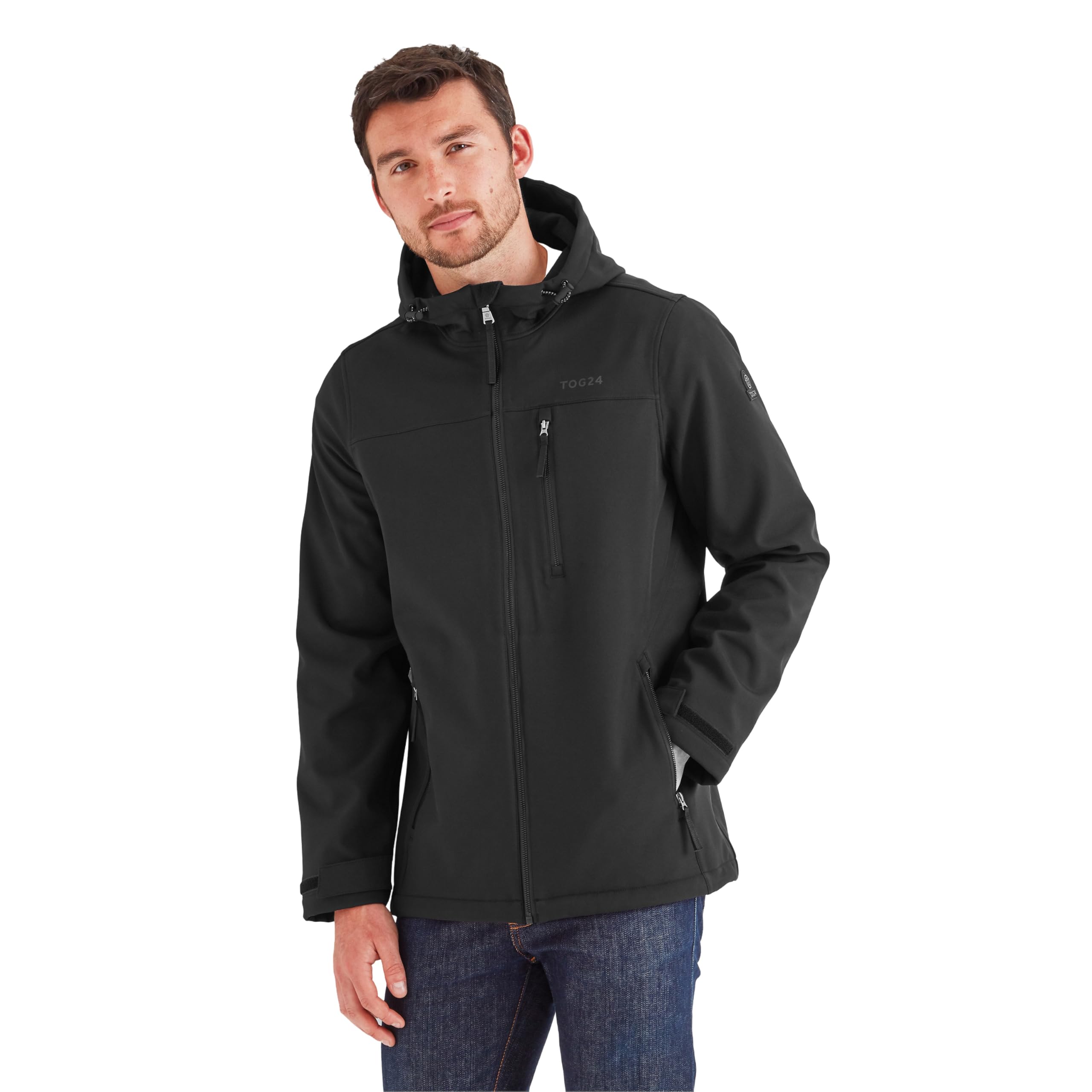 Tog24 Men's Black Retner Waterproof Softshell Coat & Jacket 8K Waterproof Protection, Breathable & Windproof Toggle Adjusters On Hood Opening & Microfleece Bonded For Maximum Warmth & Comfort Large