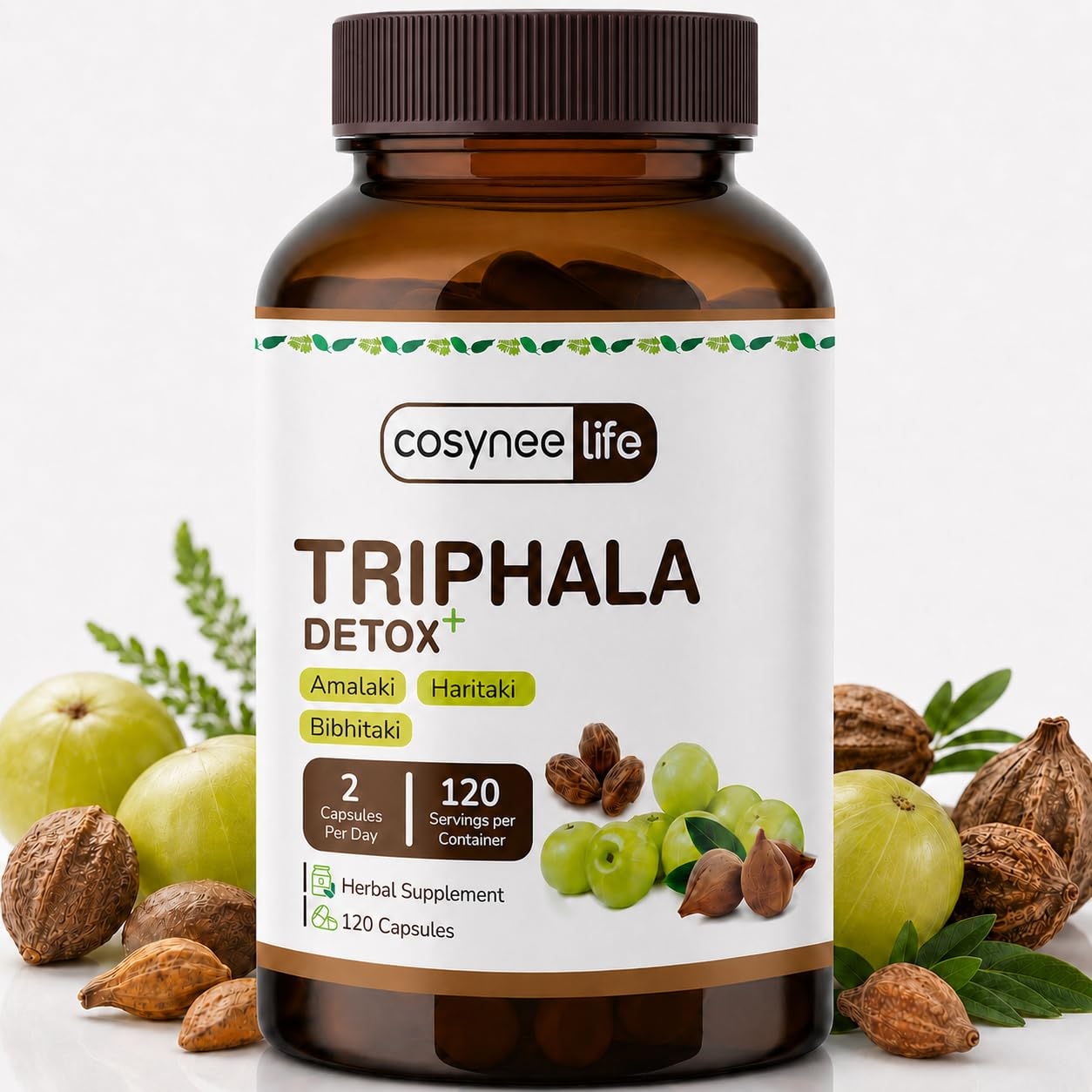 Cosynee Life — Suplemento fitoterápico de Triphala 300 mg (proporção 1:1:1) com Amla, Haritaki e Bibhitaki, 120 cápsulas