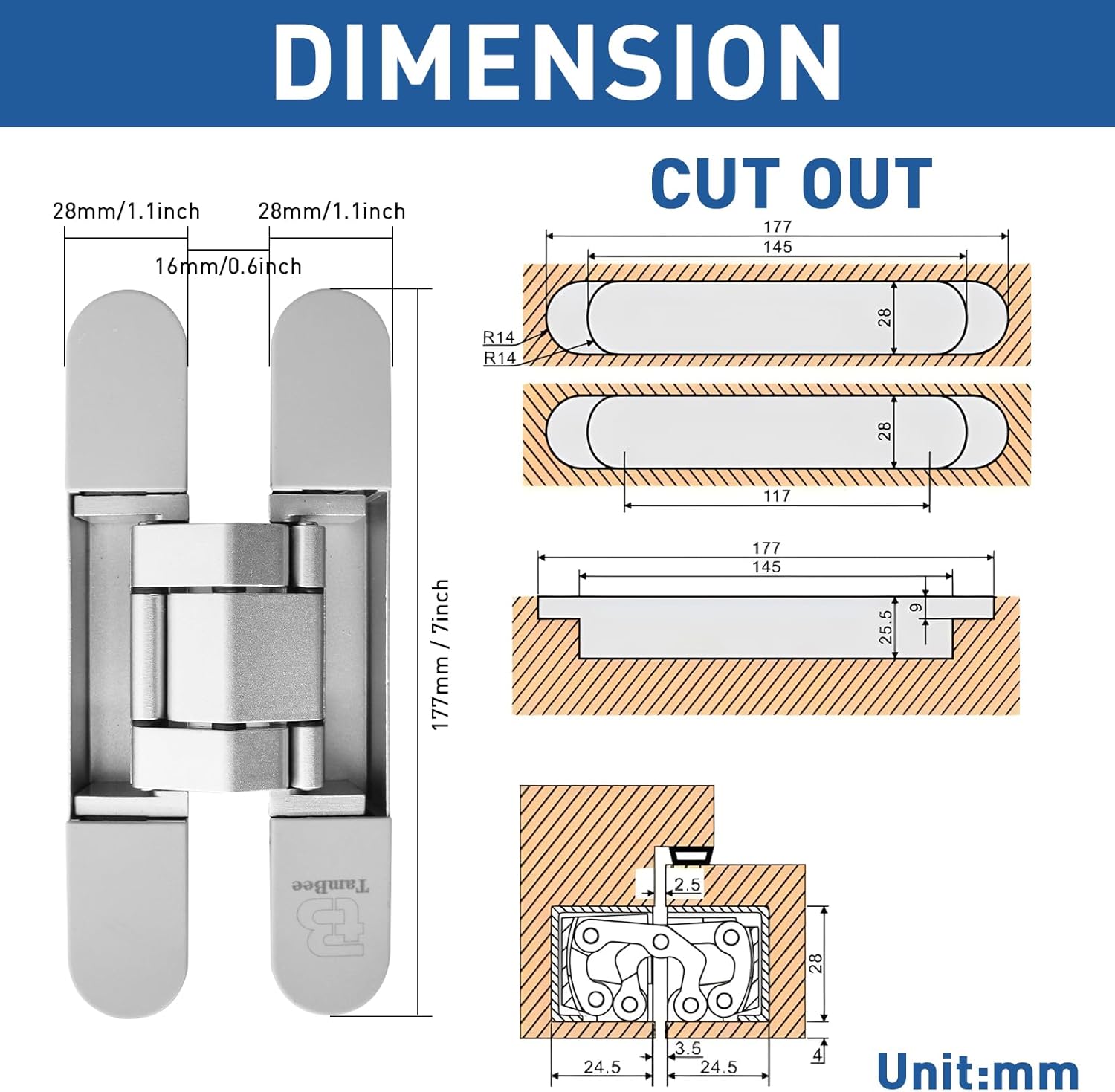 TamBee Invisible Hinges Hidden Door Hinges Concealed Door Hinges, Outswing Hidden Door Hinge 3 Way Adjustable Butt Hinge 7inch 2PCs