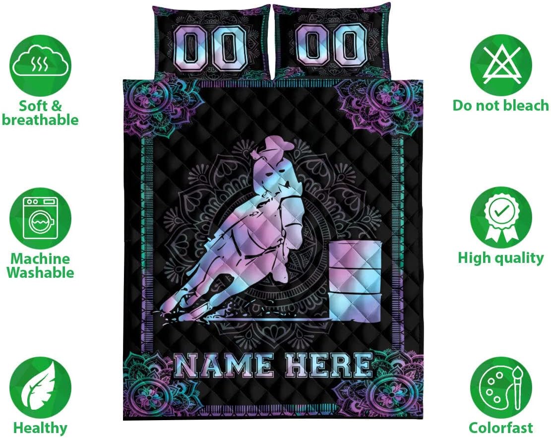 Personalized Barrel Racing Quilt Set, Hologram Mandala Barrel Racing Girl Quilt Blanket with Pillowcases, Quilt Bedding Set MLANH1101