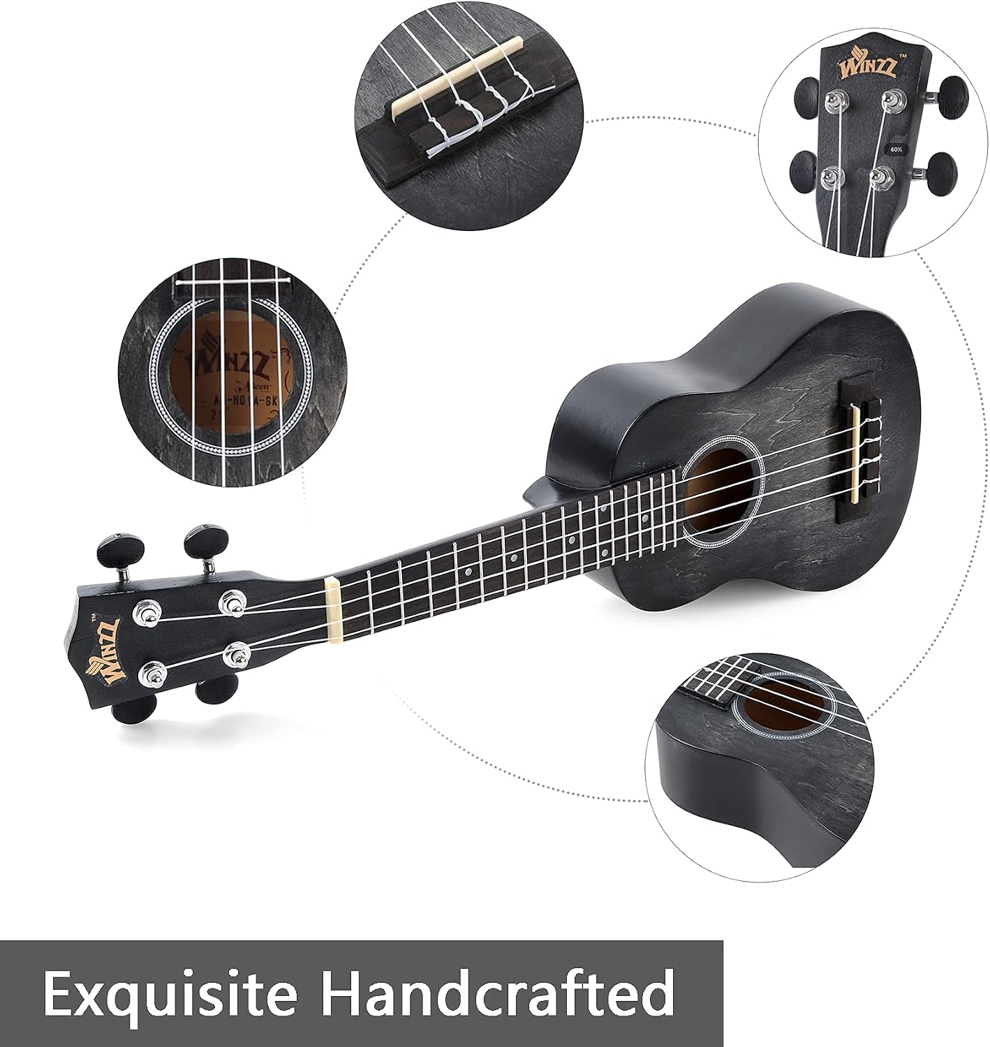 WINZZ HAND RUBBED Series - 21 Inches Soprano Ukulele Vintage Hawaiian Uke with Online Lessons, Bag, Tuner, Strap, Extra Strings, Fingerboard Sticker, Black