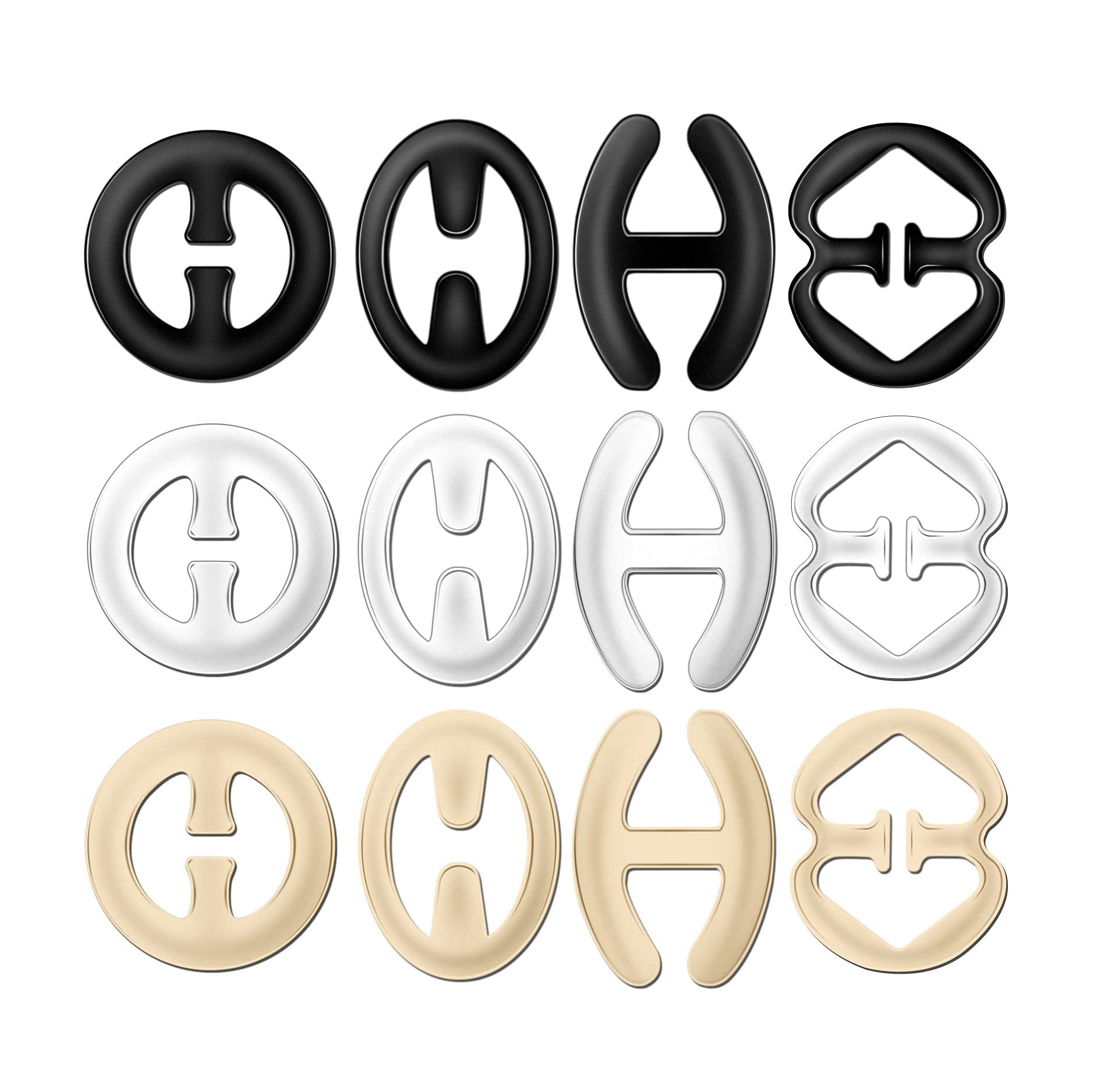 Bra Strap Clip, 12 Pieces Underwear Strap Length Adjustment Buckles Anti-Slip Clips Anti-glare Underwear Accessories (Black/Transparent/Skin), One Size