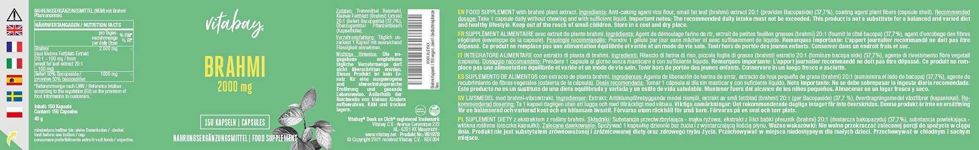 Vitabay Brahmi • 2000 mg pro Kapsel • 150 vegane Kapseln • Bacopa Monnieri • Kleines Fettblatt • Ayurvedische Kräuter