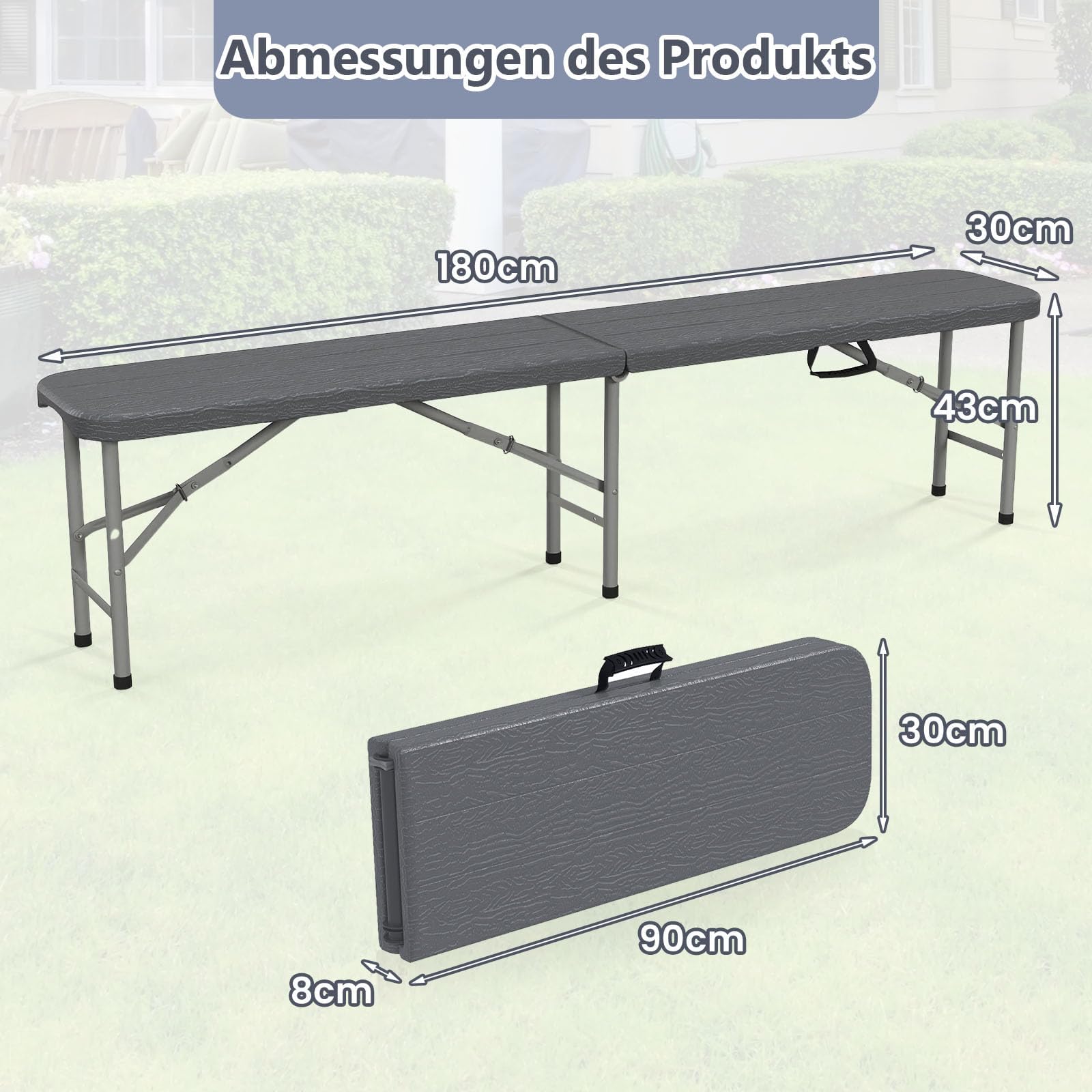 FANTASK Sitzbank aus Kunststoff, Klappbank bis 600 kg belastbar, Bierbank klappbar mit Tragegriff, 180x30x43 cm, Grau