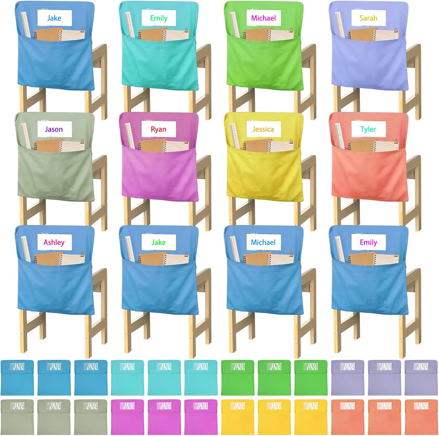 24 PCS Chair Pockets for Classrooms, 17"x15.7" Student Chair Organizers for Seating and Storage, Durable Seat Sacks for K-2, School and Home Use (Macaron 8 Colors, Small)