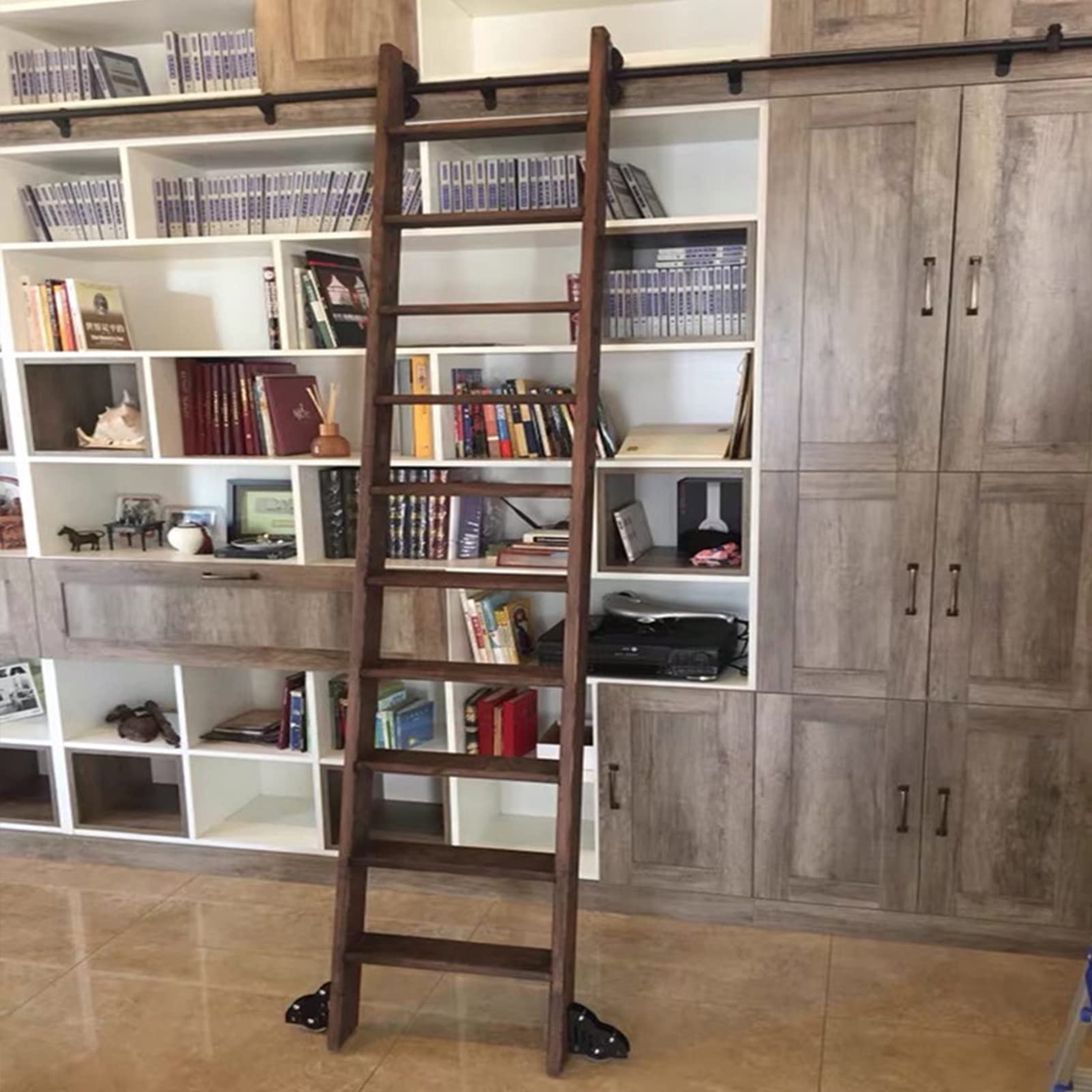 LWJSOCP Rolling Ladder Hardware Library with Floor Roller Wheels | Sliding Barn Door Full Set Hardware | Sliding Ladder Hardware Kit (No Ladder)/20Ft/600Cm Track Kit