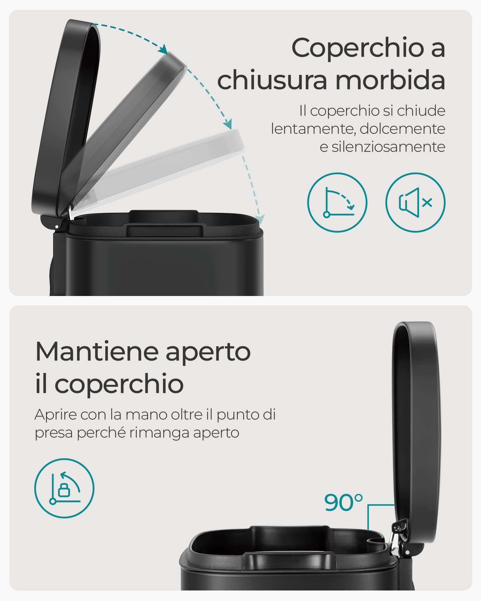SONGMICS Pattumiera da cucina da 30 litri, pattumiera a pedale, chiusura rallentata, pedale, acciaio, secchio interno, nero, LTB03BK